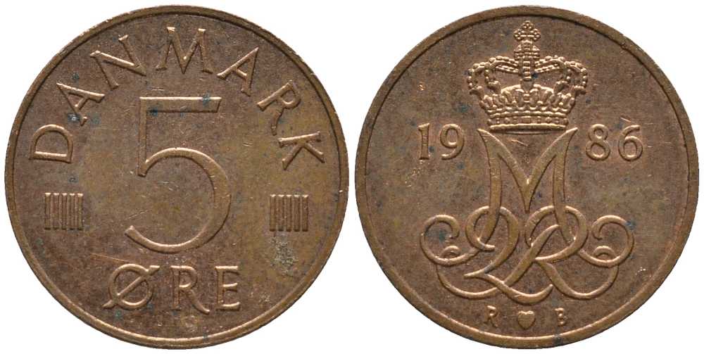 ДАНИЯ 5 ЭРЕ 1986 R; B, МАРГРЕТЕ II (1972-) KM 859.3 железо плакированное медью 116-169