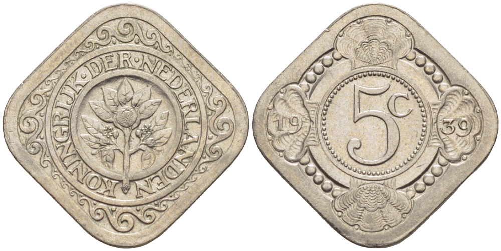 Нидерланды 5 центов 1939 Вильгельмина (1890-1948) KM 153 медно-никель 4181-1229