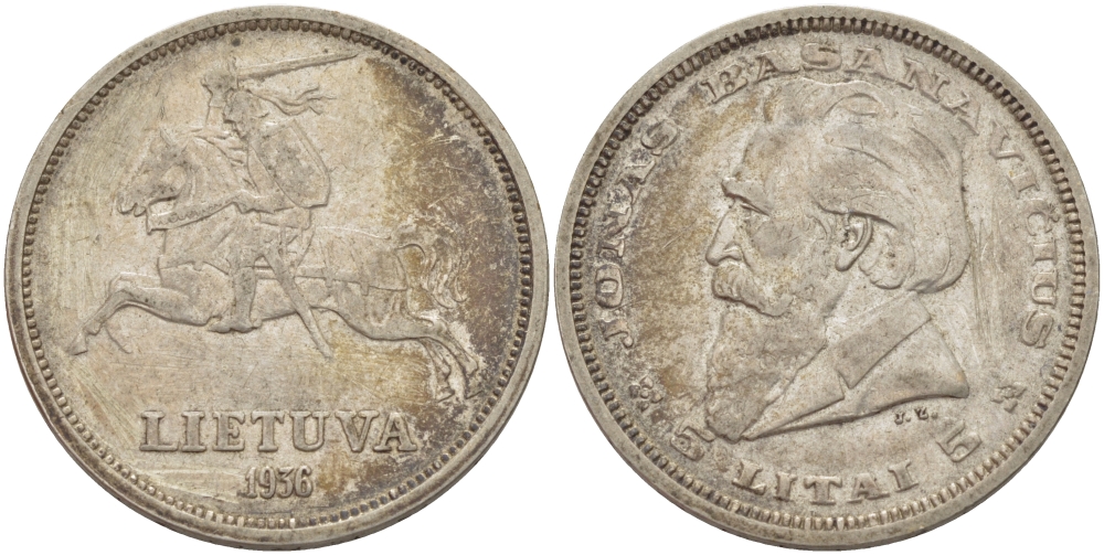 ЛИТВА 5 ЛИТОВ 1935 БАСАНАВИЧУС KM 36 серебро 88-911