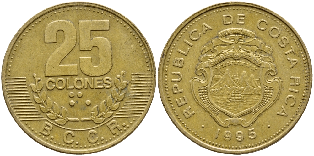 КОСТА-РИКА 25 КОЛОН 1995 B.C.C.R., ГОД ТИП KM 229 сталь плакированная латунью 56-413