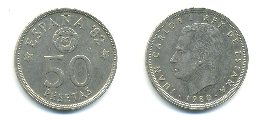 Испания 50 песет 1980 (80) чемпионат мира по футболу в Испании 1982 года, Хуан Карлос I (1975-) KM 819 медно-никель 89-813