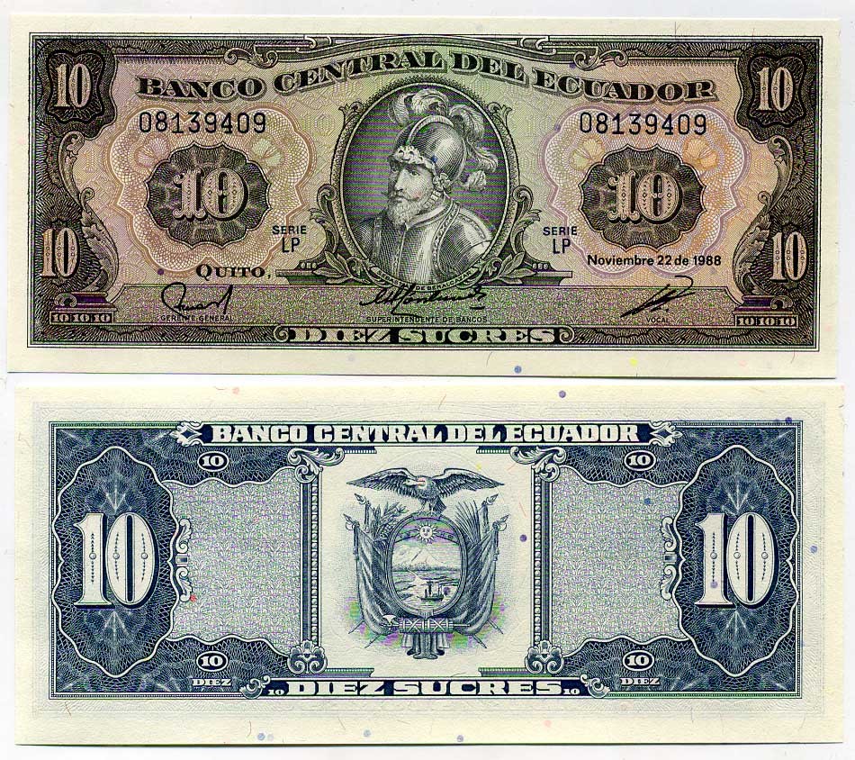 ЭКВАДОР 10 СУКРЕ 1988 Pick 121Аа бумага UNC (ПРЕСС) 7204-65-3