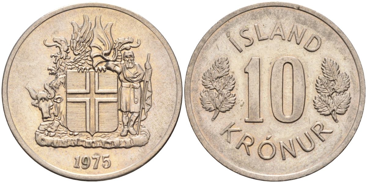 Исландия 10 крон 1975 KM 15 медно-никель UNC 4126-957