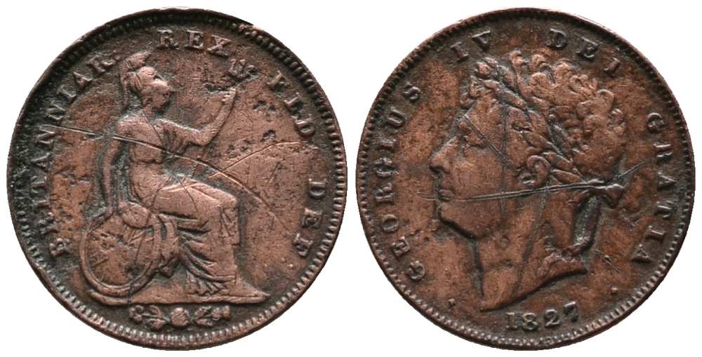 Великобритания 1/3 фартинга 1827 Георг IV (1820-1830) KM 703, Spink 3827 медь 1518-1015