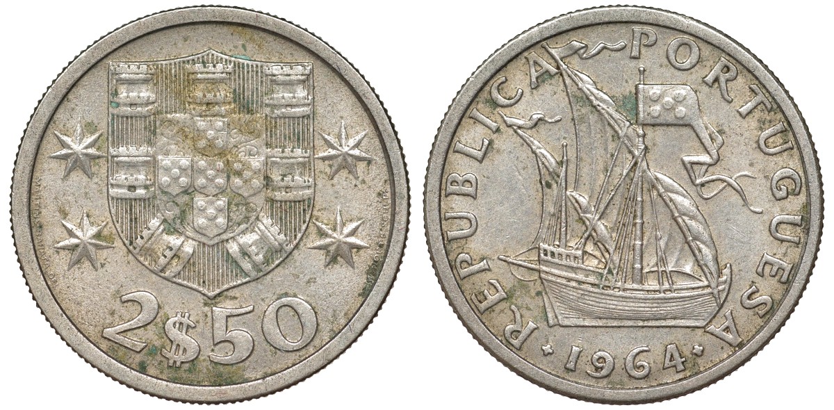 Португалия 2,5 эскудо 1964 парусник KM 590 медно-никель 51-4144