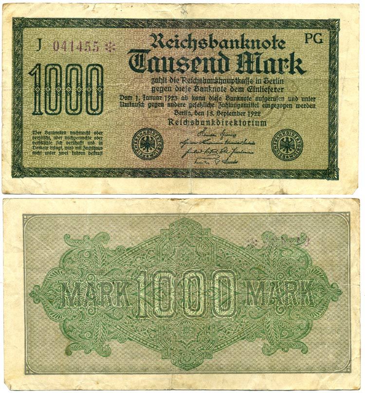 ГЕРМАНИЯ 1000 МАРОК 1922 15 СЕНТЯБРЯ 1922, ВОДЯНОЙ ЗНАК D, БЕЛАЯ БУМАГА Pick 76d бумага 7548-42-2