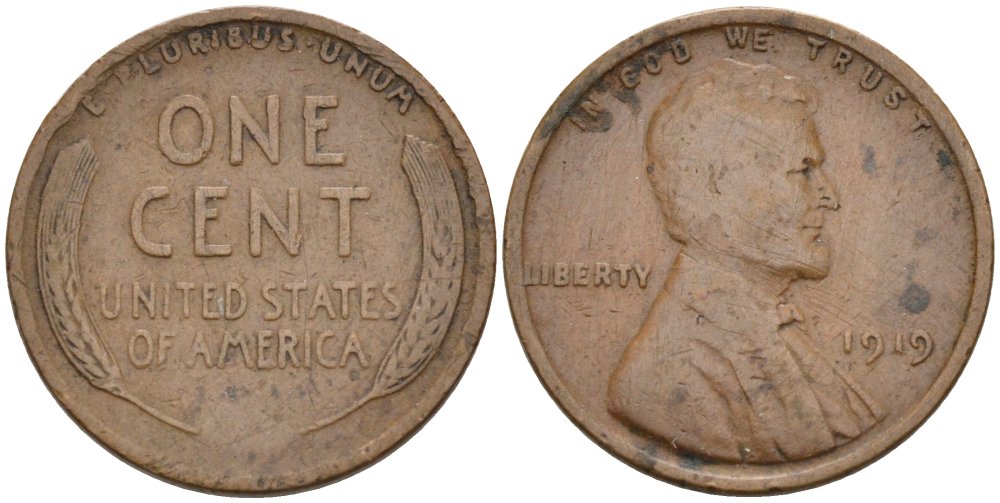 США 1 цент 1919 Линкольн KM 132 бронза 4576-259