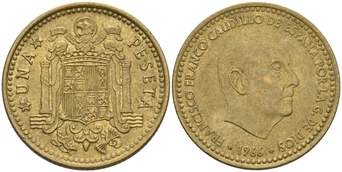 Испания 1 песета 1966 (70) Франсиско Франко (1939-1975) KM 796 алюминиевая бронза 4604-131