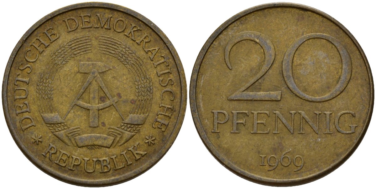 ГДР 20 пфеннигов 1969 A, первый год KM 11 латунь 92-443