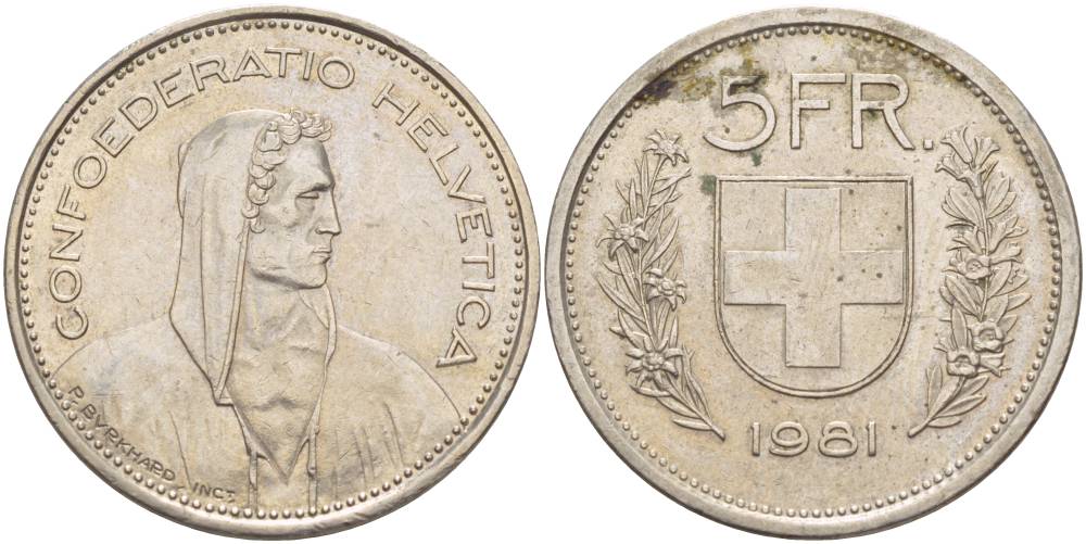 ШВЕЙЦАРИЯ 5 ФРАНКОВ 1981 KM 40а.1 медно-никель 4542-632