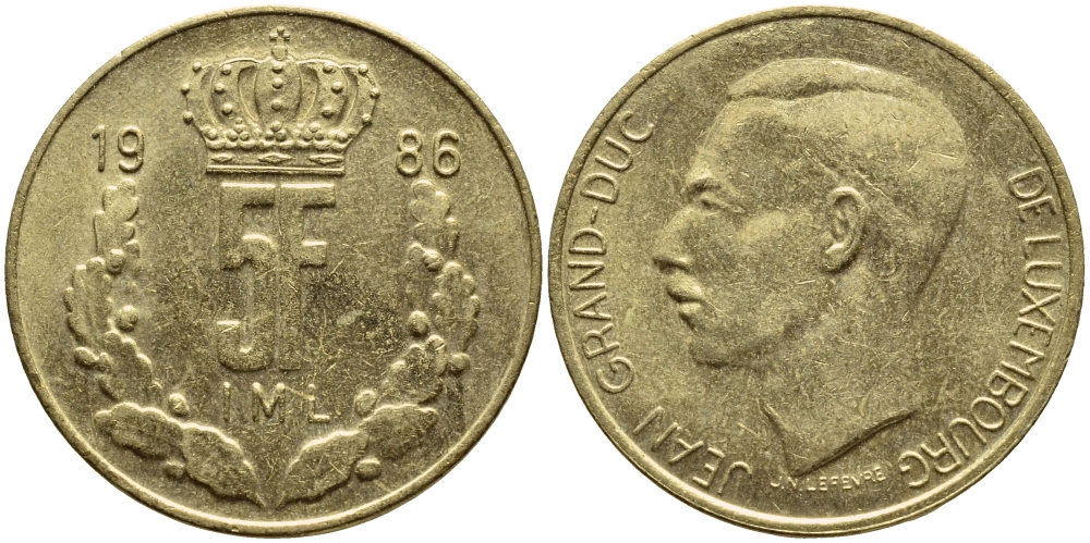 Люксембург 5 франков 1986 Великий герцог Жан (1964-1999) KM 60.1 латунь 4397-511