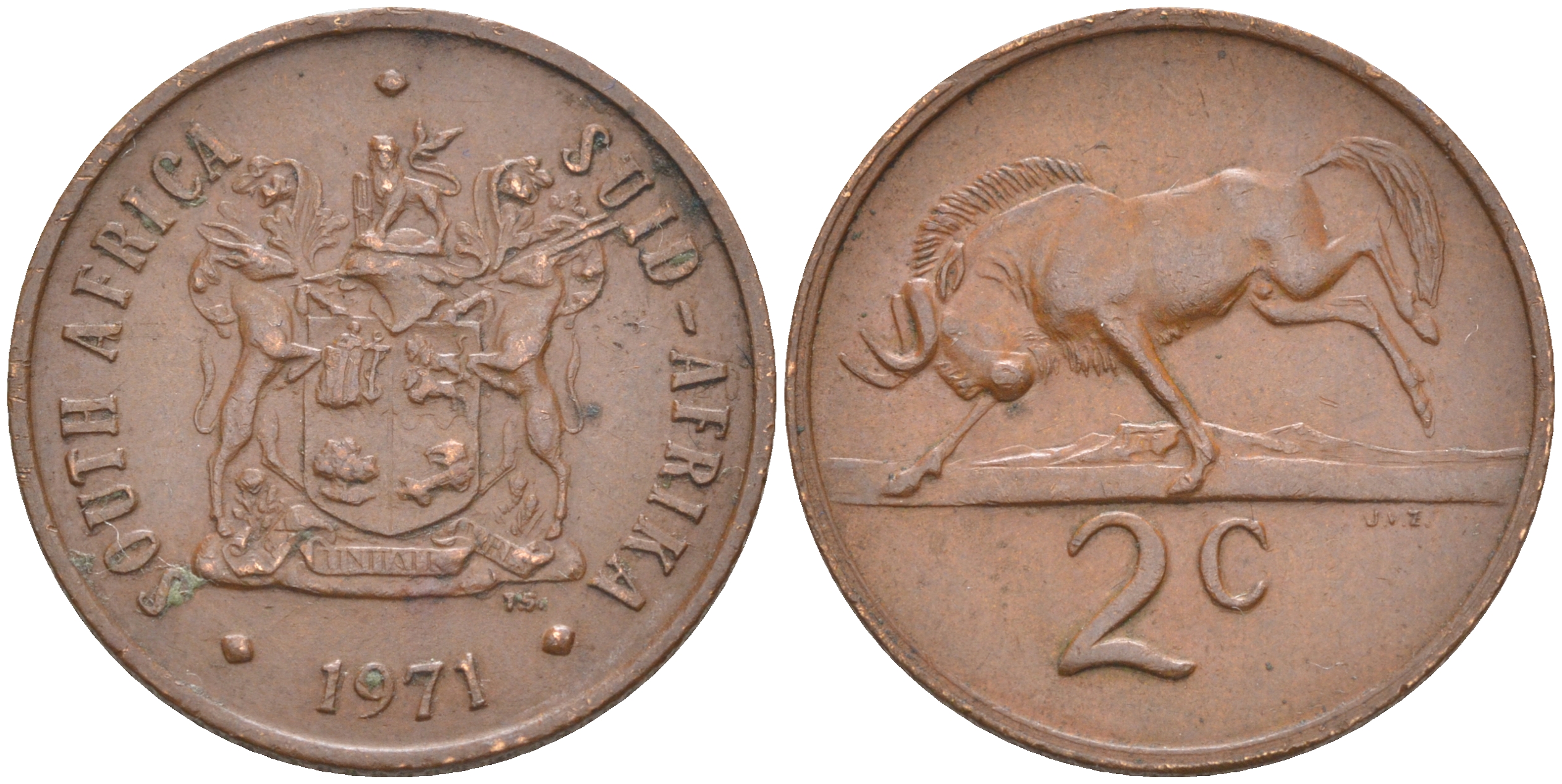 ЮАР 2 цента 1971 герб, антилопа гну KM 83 бронза 175-1046