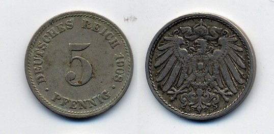 Германия 5 пфеннигов 1908 D KM 11, Jager 12, Weege 6 медно-никель 84-1662