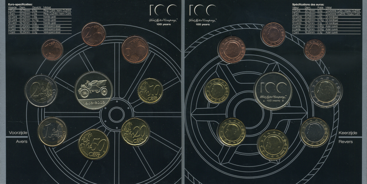 Бельгия набор из 8 монет (1, 2, 5, 10, 20 и 50 евроцентов; 1 и 2 евро) и жетона монетного двора 2003 официальный набор, в оригинальной упаковке KM MS19 (224, 225, 226, 227, 228, 229, 230 и 231)   BU   1-5-3-8