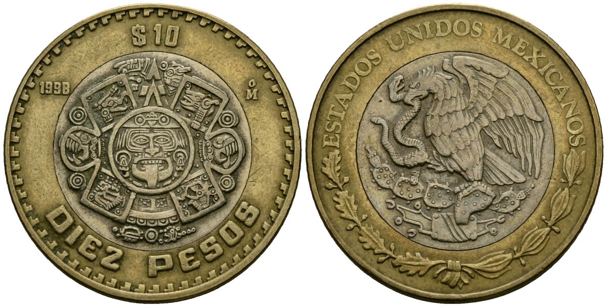 Мексика 10 песо 1998 Мо, бог Тонатиуха с огненной маской KM 616 биметалл 4120-335
