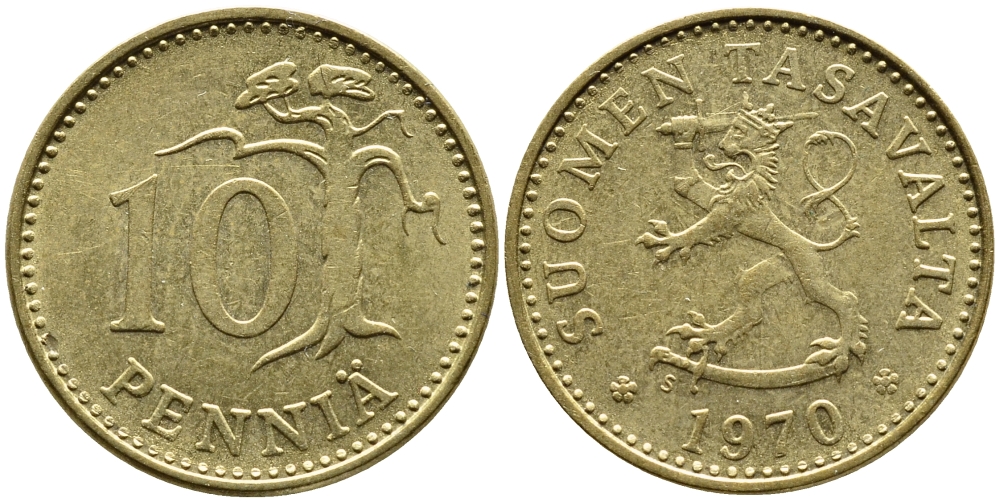 ФИНЛЯНДИЯ 10 ПЕННИ 1970 S KM 46 алюминиевая бронза 75-1651