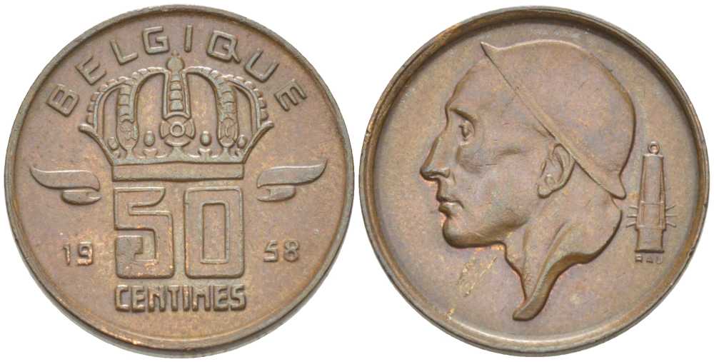 БЕЛЬГИЯ 50 САНТИМОВ 1958 BELGIQUE, БОДУЭН I (1951-1993) KM 148.1 бронза 206-164