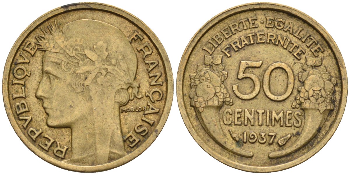 Франция 50 сантимов 1937 тип Morlon KM 894, Le Franc 192.13 4585-238