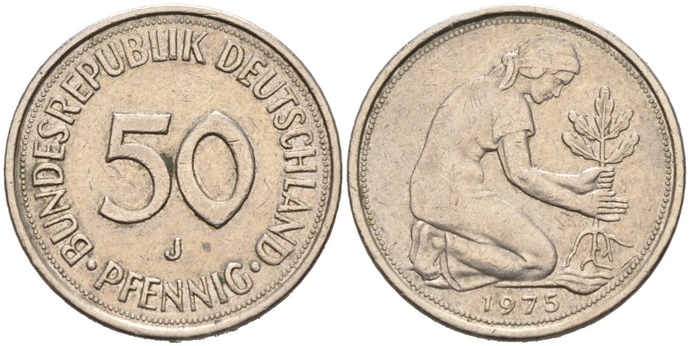ФРГ 50 ПФЕННИГОВ 1975 J KM 109.1, J. 384 медно-никель 4513-924