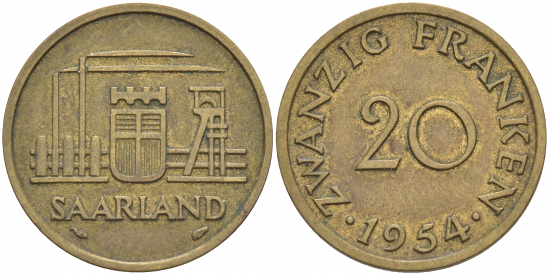 Саарланд 20 франков 1954 индустрия KM 2 алюминиевая бронза 68-543