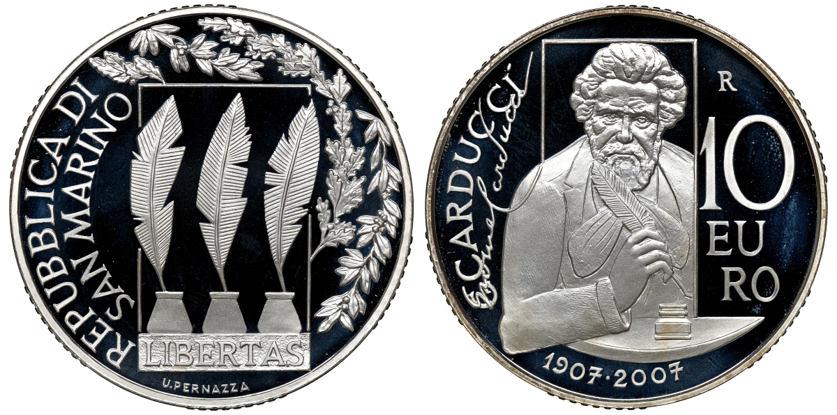 Сан-Марино 10 евро 2007 поэт Джозуэ Кардуччи, в оригинальной коробке, с сертификатом KM 475 серебро PROOF 1-4-6-16