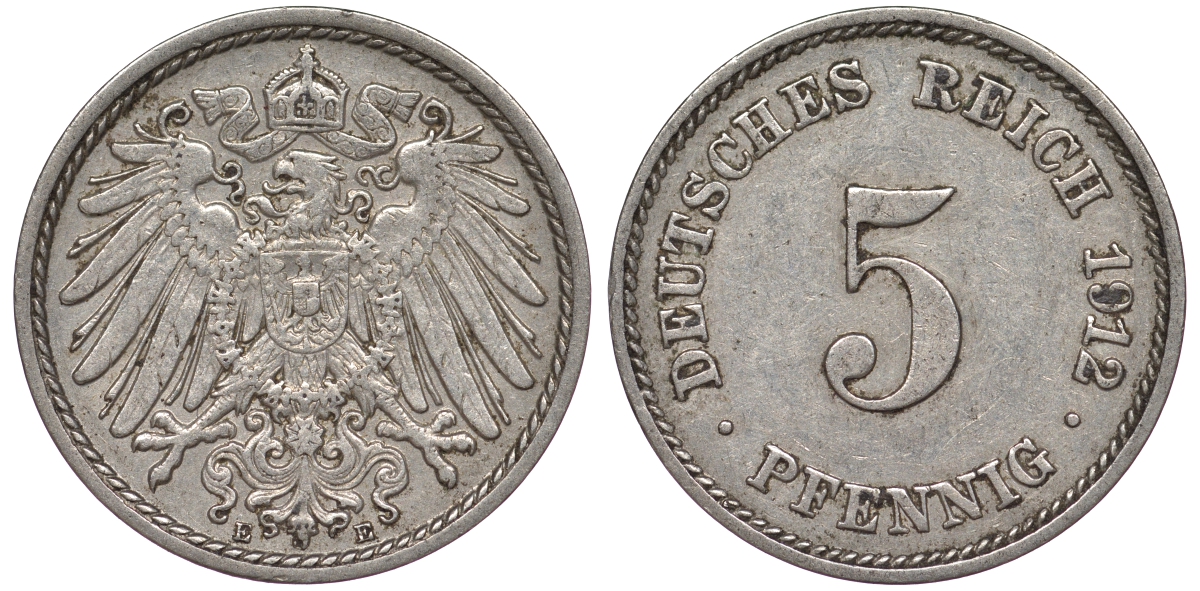 Германия 5 пфеннигов 1912 A, KM 11, J. 12 медно-никель 25-2337