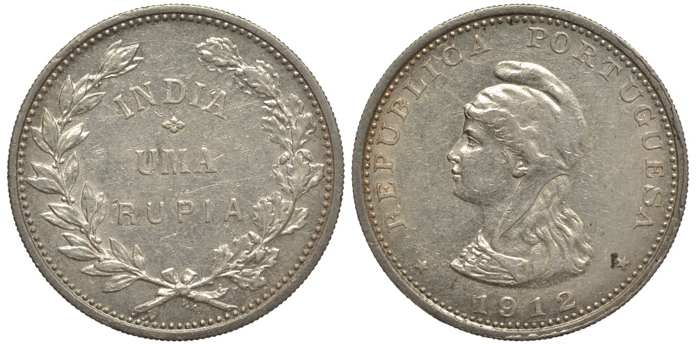 Португальская Индия 1 рупия 1912 KM 18 серебро 00-803-21