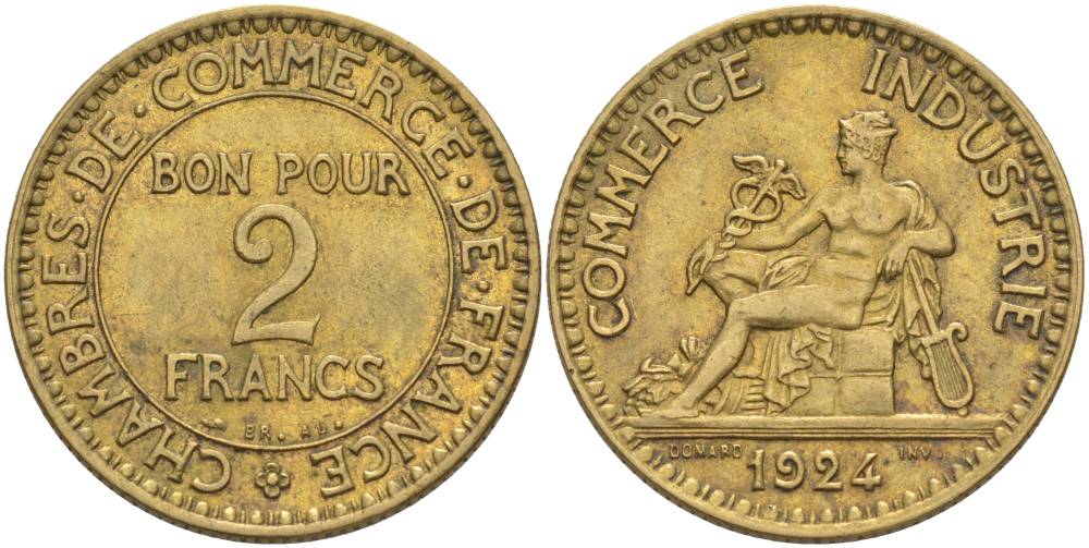 ФРАНЦИЯ 2 ФРАНКА 1924 ТИП CHAMBRES DE COMMERCE KM 877, LE FRANC 267.6 алюминиевая бронза 69-1212