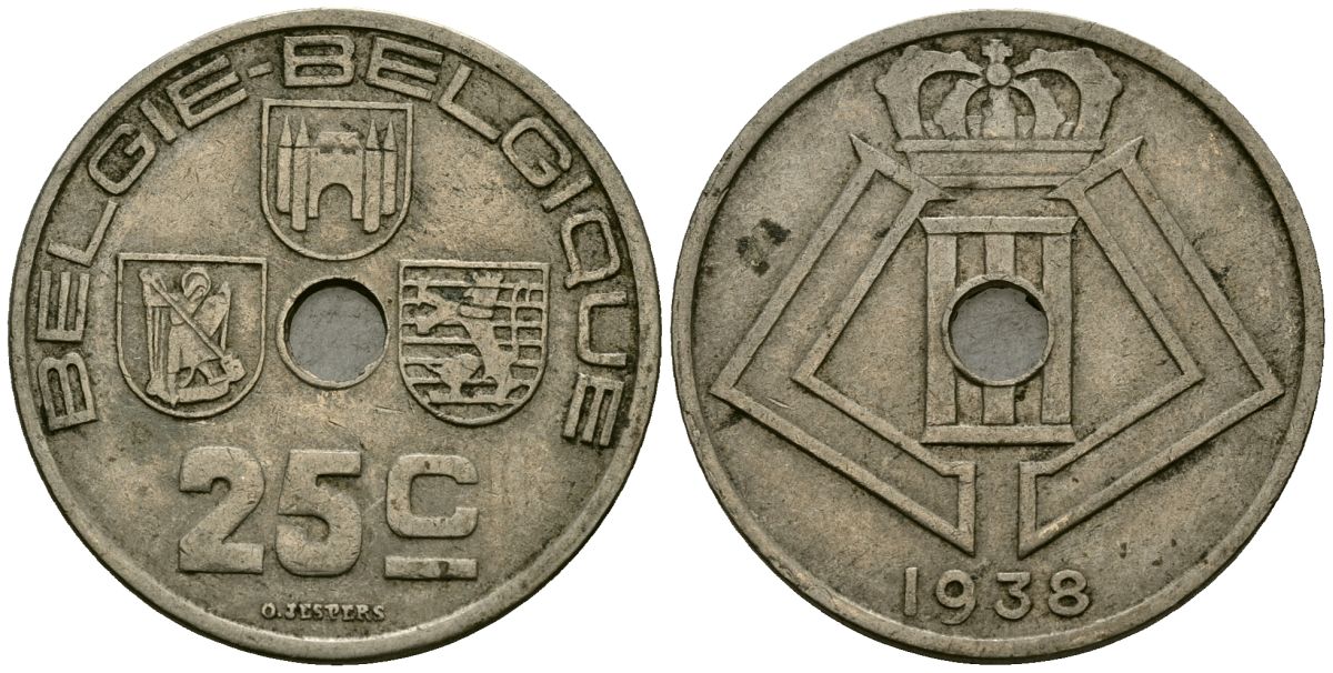 Бельгия 25 сантимов 1938 BELGIE - BELGIQUE KM 115 никель латунь 4172-126