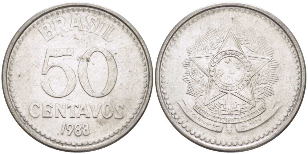 Бразилия 50 сентаво 1988 реформа 1986-1989 KM 604 нержавеющая сталь 3334-454