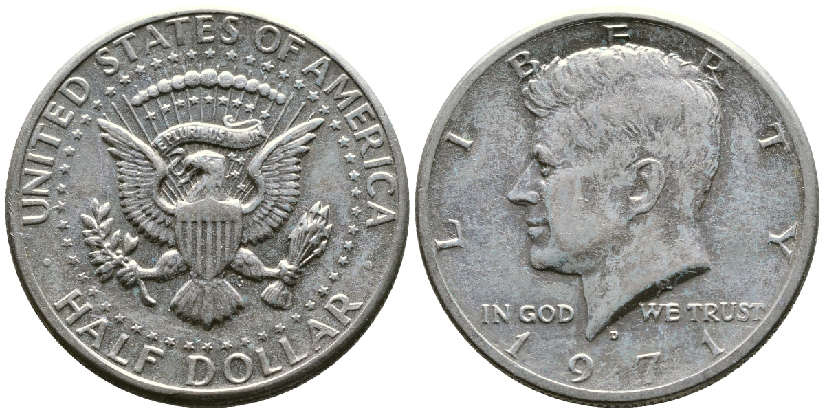 США 1/2 доллара (50 центов) 1971 D, Джон Кеннеди KM 202b медь плакированная медно-никелем 4607-635