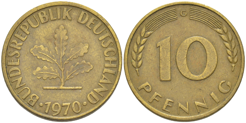 ФРГ 10 ПФЕННИГОВ 1970 G KM 108, J. 383 сталь плакированная латунью 4182-816