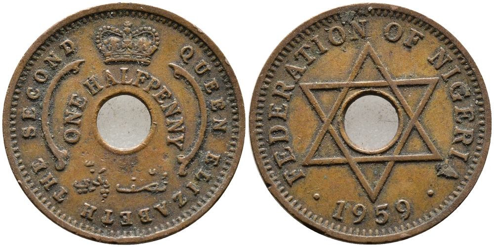 Нигерия 1/2 пенни 1959 Елизавета II (1952-), Британский протекторат KM 1 бронза 4387-527
