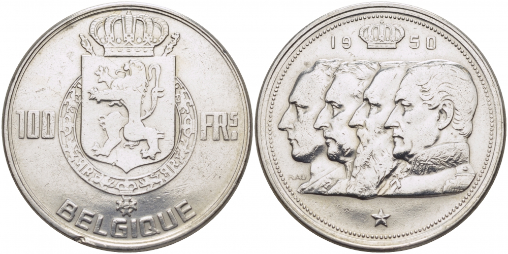Бельгия 100 франков 1950 Belgique, королевская династия KM 138.1 серебро 4127-942