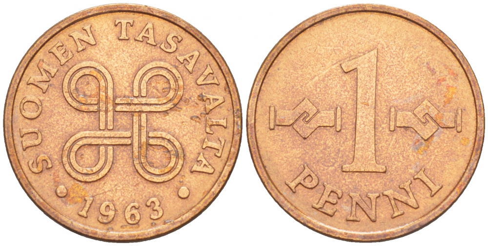 Финляндия 1 пенни 1963 первый год KM 44 медь 4547-1021