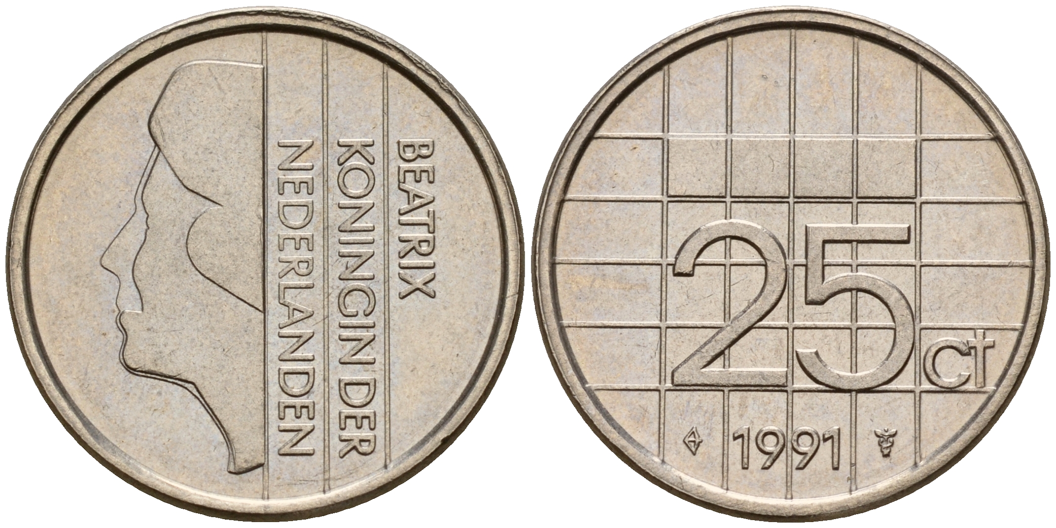 Нидерланды 25 центов 1991 Беатрикс (1980-2013) KM 204 никель    4598-443