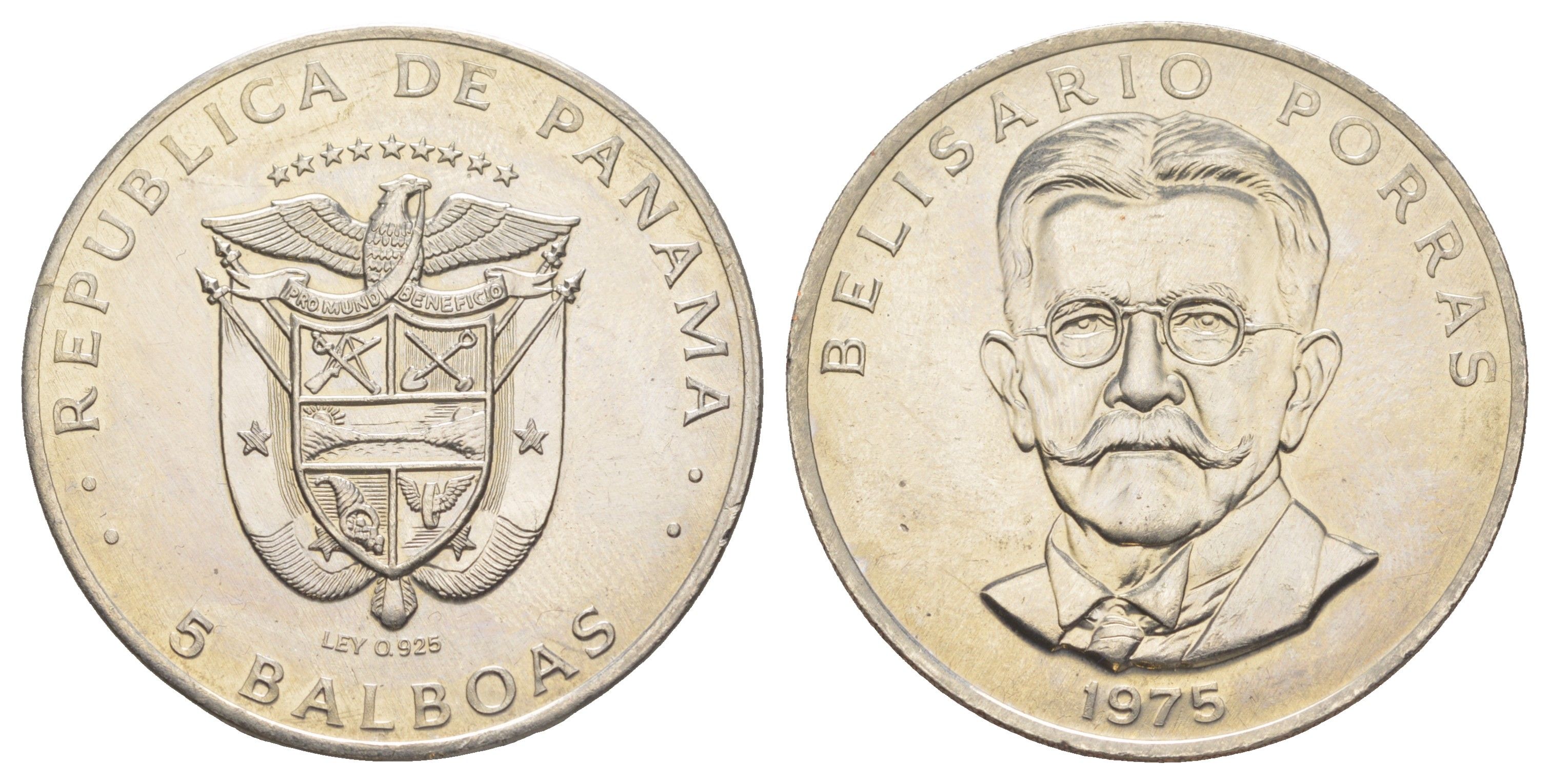 Панама 5 бальбоа 1975 EROR (БРАК) - ошибочное указание на аверсе серебра как металла монеты KM 40.2 медь плакированная медно-никелем 603-112