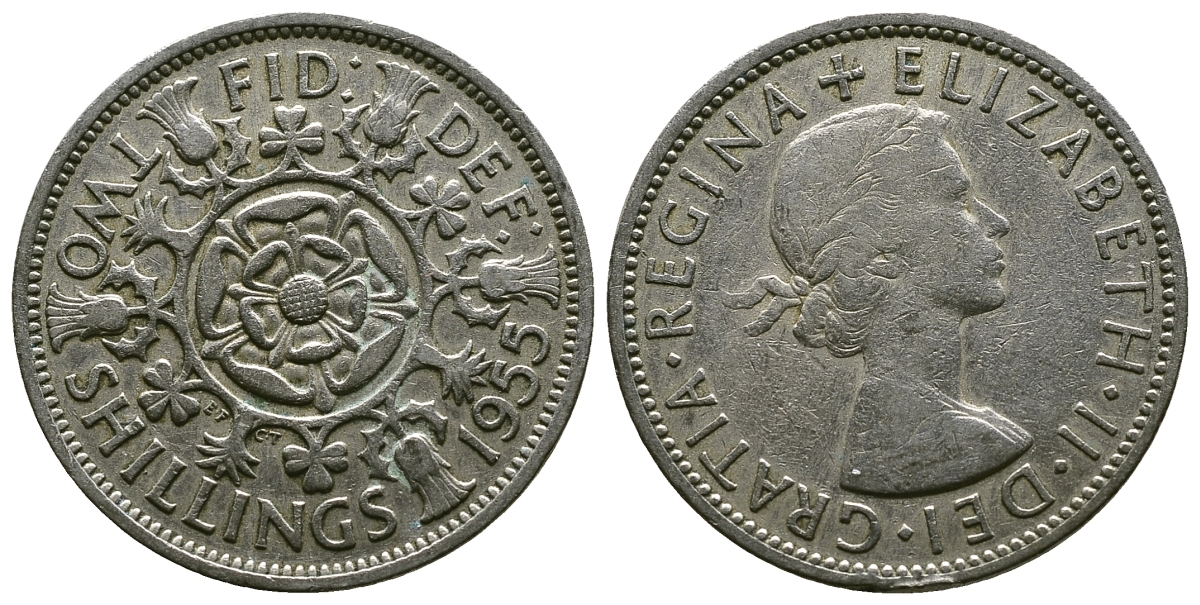 Великобритания 2 шиллинга (флорин) 1955 Елизавета II (1952-2022) KM 906, Spink 4146 медно-никель 4607-914