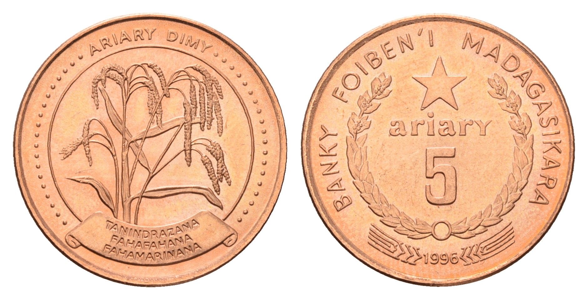 Мадагаскар 5 ариари 1996 год-тип KM 23 сталь плакированная медью UNC 213-933