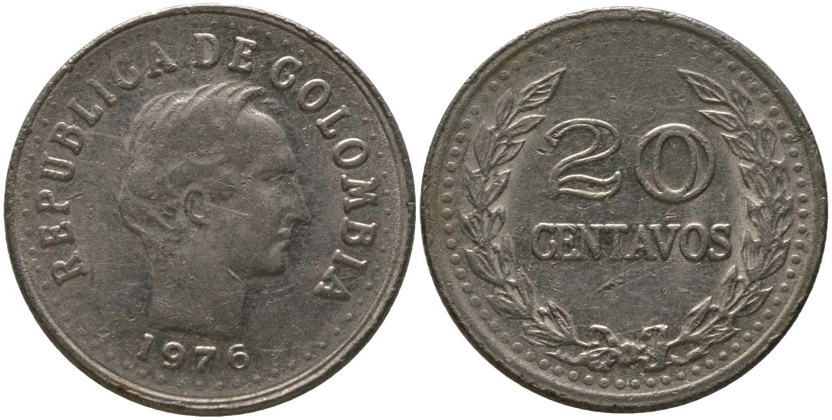 Колумбия 20 сентаво 1975 KM 246.1 сталь плакированная никелем 4529-814