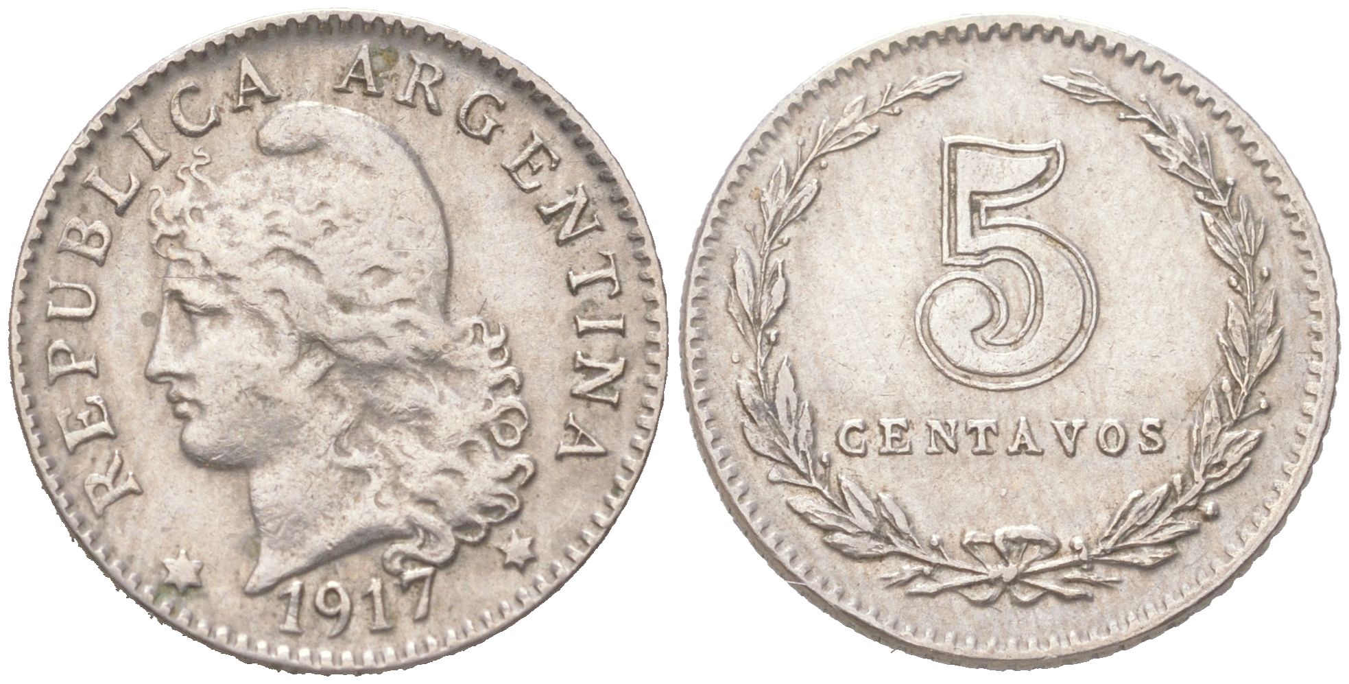 Аргентина 5 сентаво 1917 редкий год KM 34 медно-никель 4621-1038