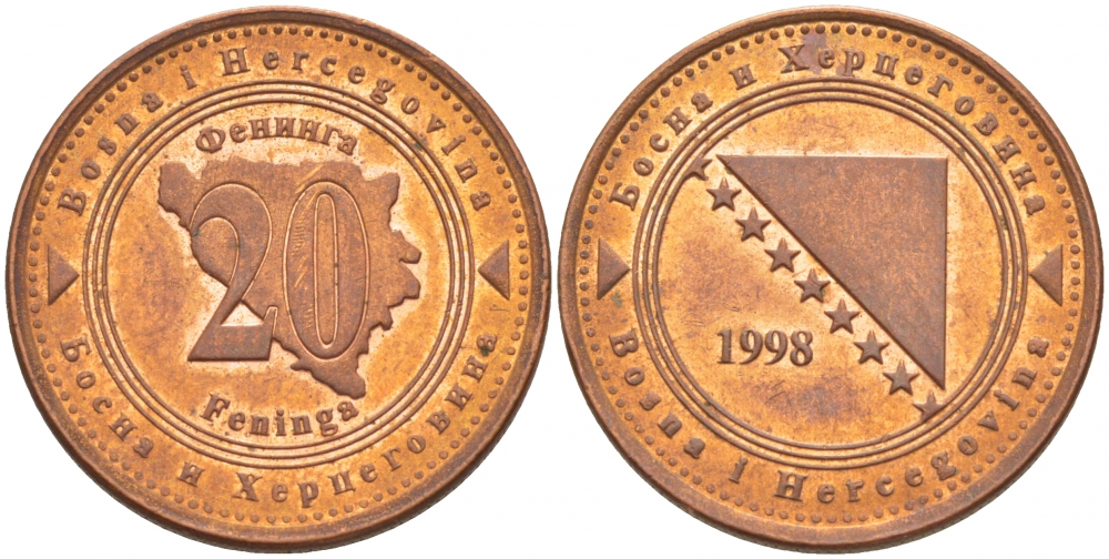 Босния и Герцеговина 20 фенигов 1998 KM 116 сталь плакированная медью UNC 4548-135