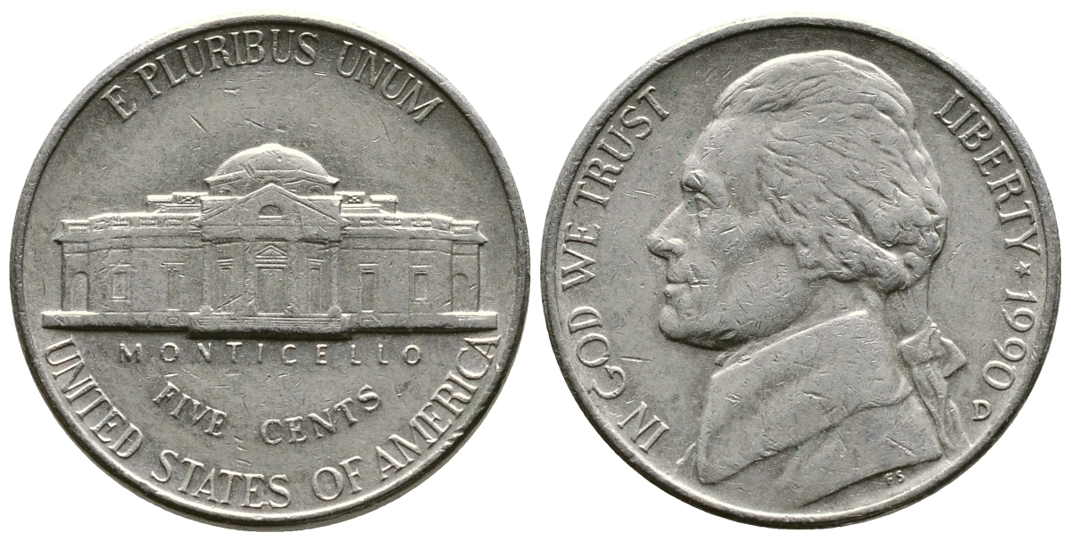 США 5 ЦЕНТОВ 1990 D, ДЖЕФЕРСОН KM А192 медно-никель 29-542