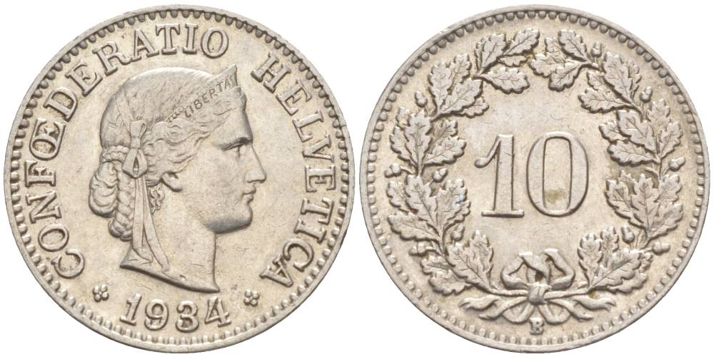 Швейцария 10 раппенов 1934 B KM 27b никель     3309-1134