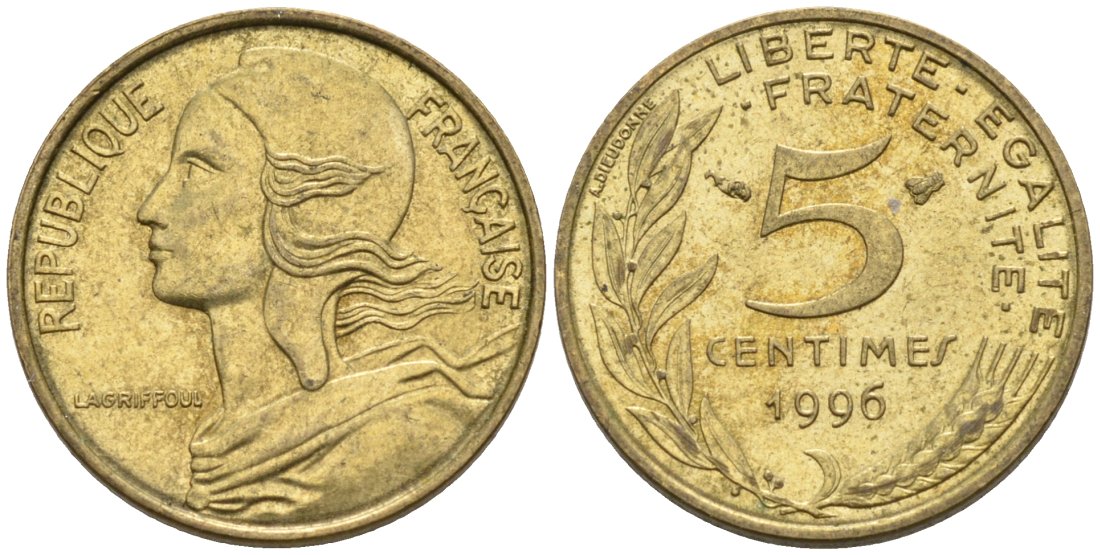 ФРАНЦИЯ 5 САНТИМОВ 1996 ТИП MARIANNE KM 933, LE FRANC 125.39 медь алюминий никель 4567-762