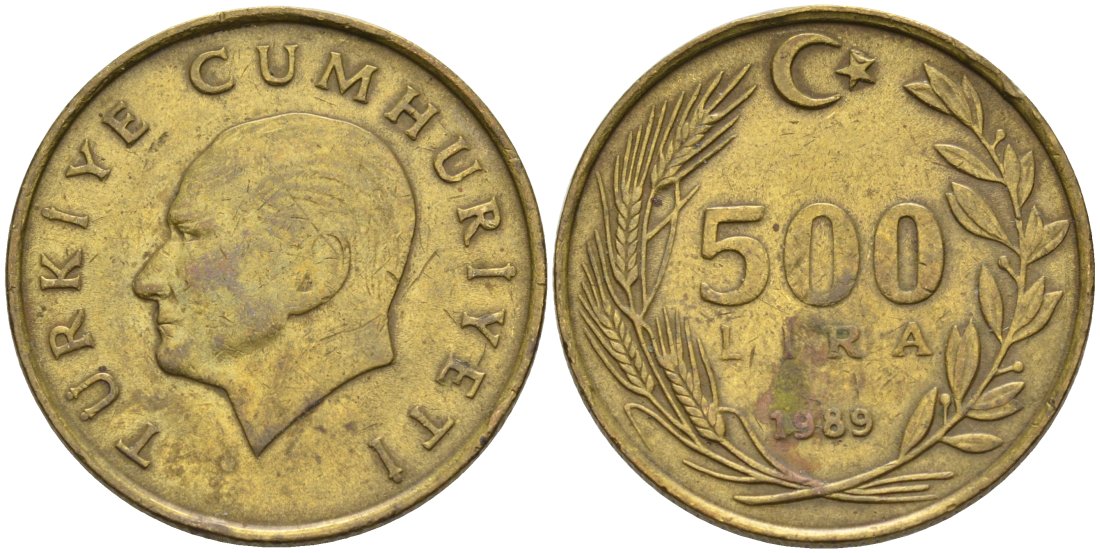 Турция 500 лир 1989 Кемаль Ататюрк KM 989 алюминиевая бронза 4573-857