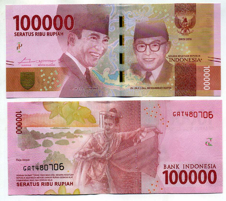 Индонезия 100000 рупий 2016/2017 Сукарно и Мохаммад Хатта, Архипелаг Раджа Ампат, танцовщица Тари Допенг Бетави Pick 160 b бумага UNC (пресс) 449-35-2
