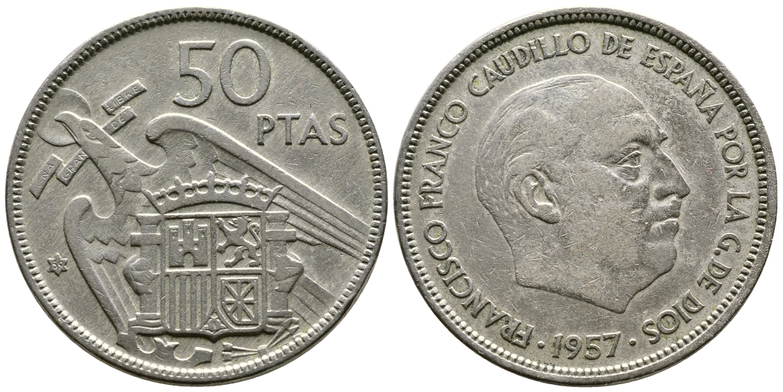 Испания 50 песет 1959 1957 ГОД, ФРАНКО КМ 788 медно-никель 4607-641