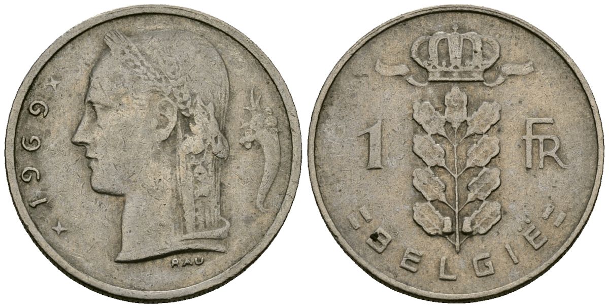 Бельгия 1 франк 1969 BELGIE, Бодуэн I (1951-1993) KM 143 медно-никель 4138-226