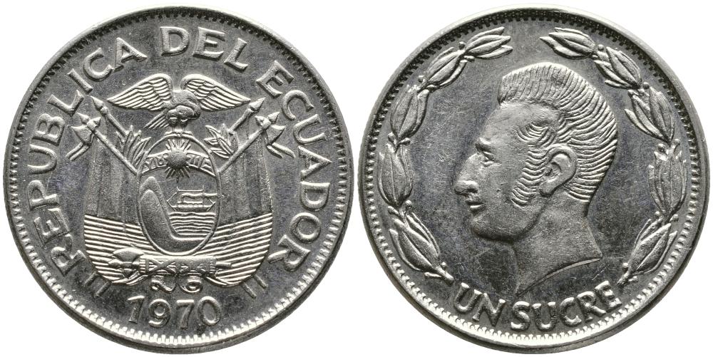 ЭКВАДОР 1 СУКРЕ 1970 АНТОНИО ХОСЕ де СУКРЕ KM 78b никелированная сталь 3336-634